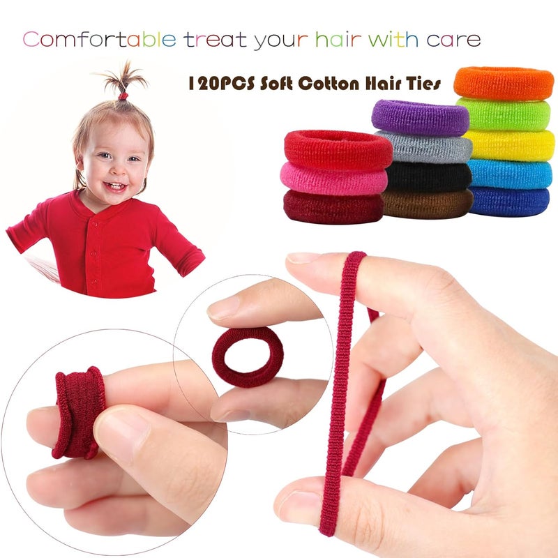 WillingTee 120 Pcs Baby Hair Ties, Cotton Toddler Hair Ties for Girls and Kids, Multicolor Small Seamless Hair Bands Elastic Ponytail Holders,Bright Color - Image 3